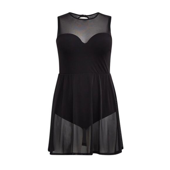 Torrid 2 Bra Cup DD/F Black Underwire Long‎ Mesh Overlay Swim Dress w/Briefs New - Picture 4 of 4